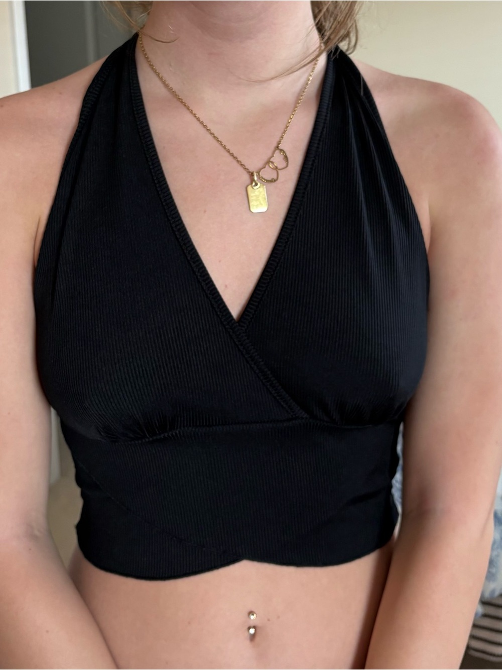 SHEIN Black Ribbed Halter Wrap Crop Top